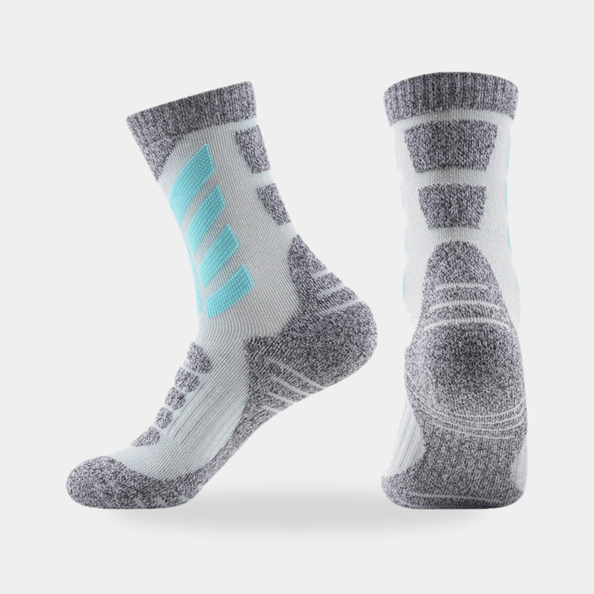 Cushioned crew hiking socks in sky blue, side and back view