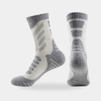 Cushioned crew hiking socks in white, side and back view