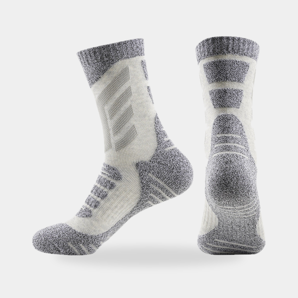 Cushioned crew hiking socks in white, side and back view