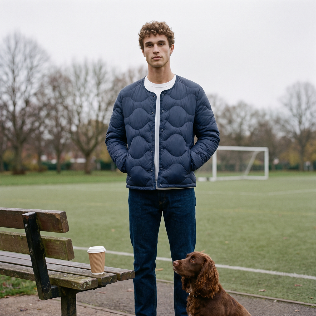 Man at a park football pitch wearing the Terrabound Men's Puffer Jacket in Navy