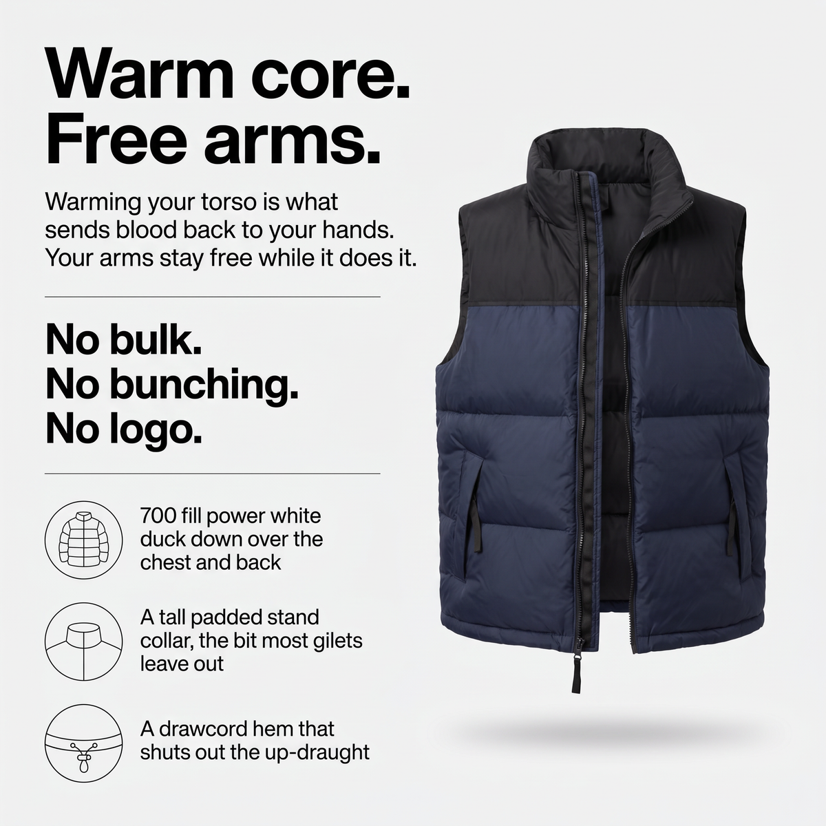 Warm core, free arms, with the 700 fill power and stand collar features explained