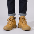 Women's Walking Boots in Wheat worn with rolled dark jeans, front view