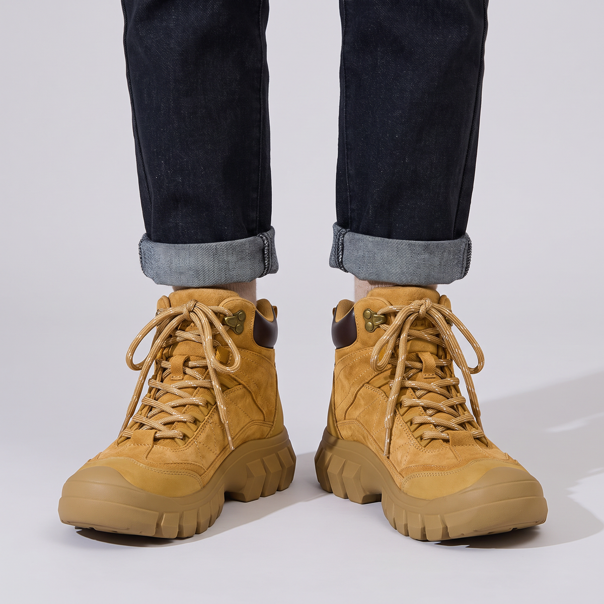 Women's Walking Boots in Wheat worn with rolled dark jeans, front view