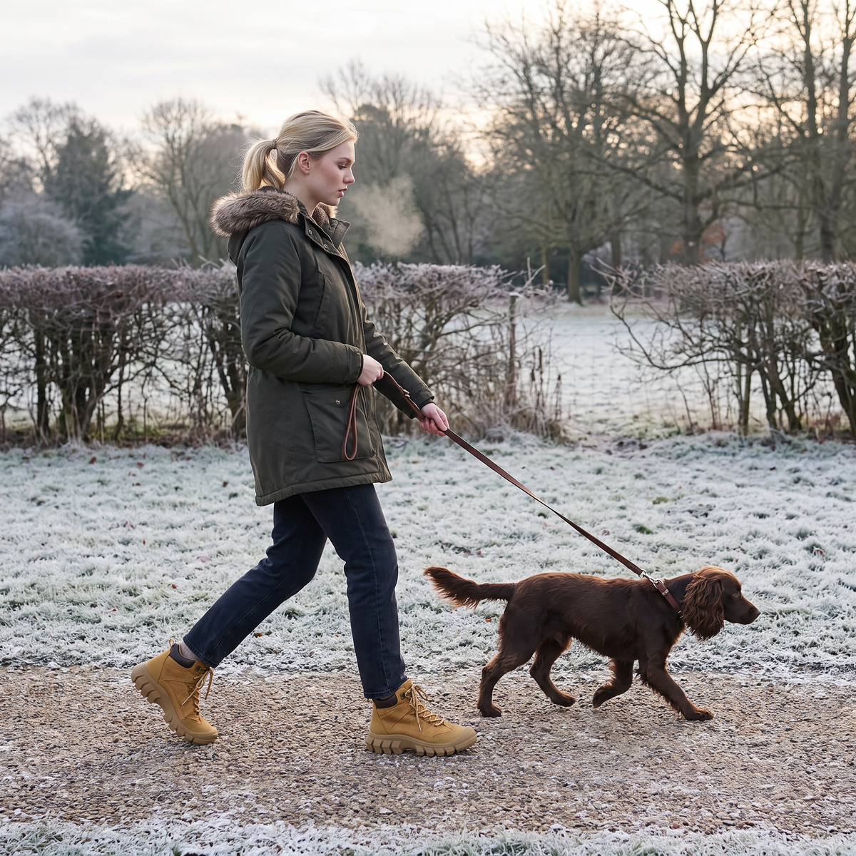 Woman walking a dog on a frosty park path wearing Terrabound Women's Walking Boots in Wheat