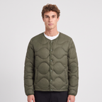 Terrabound Men's Puffer Jacket in Army Green, collarless quilted down jacket, worn front view