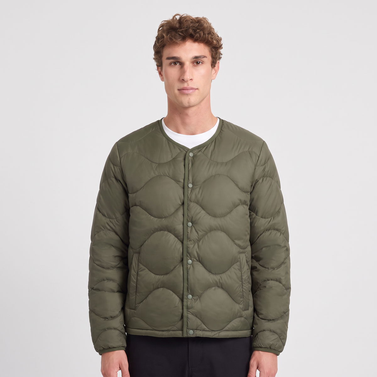 Terrabound Men's Puffer Jacket in Army Green, collarless quilted down jacket, worn front view