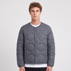 Terrabound Men's Puffer Jacket in Charcoal, collarless quilted down jacket, worn front view