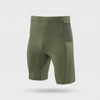 Men's unpadded cycling shorts in Olive Green, front view with the contrast grey mesh pocket panel