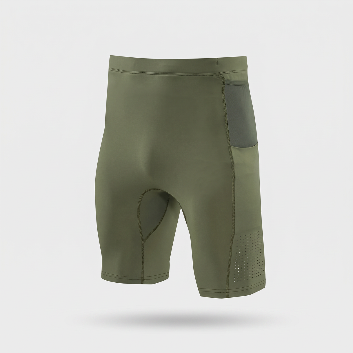 Men's unpadded cycling shorts in Olive Green, front view with the contrast grey mesh pocket panel