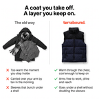 A bulky coat and scarf compared with the single colour block down gilet
