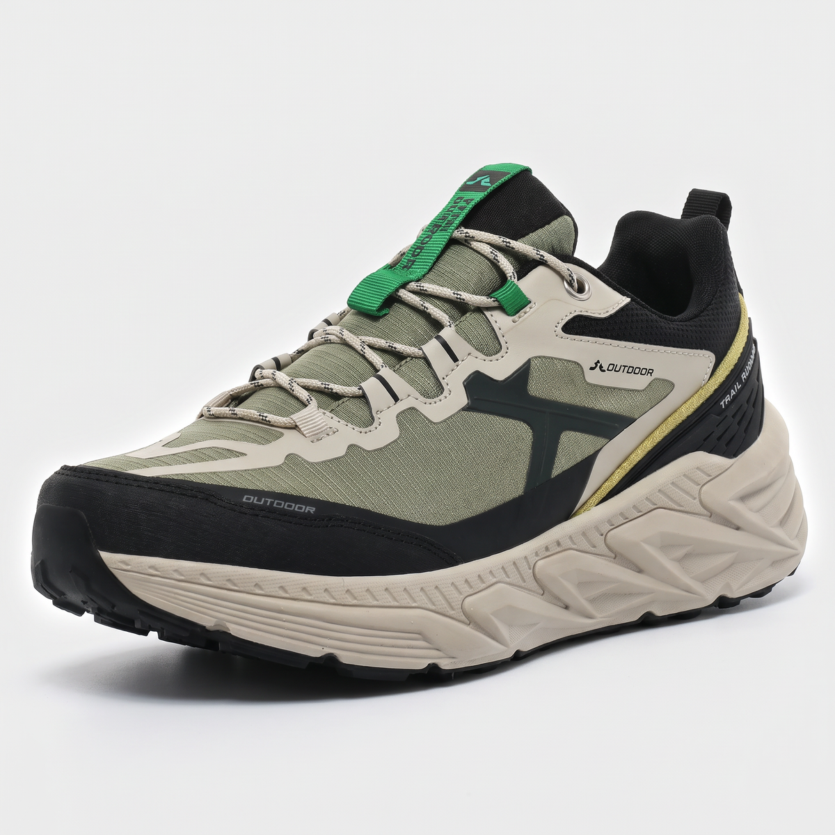Terrabound Men's Trail Shoes in Olive, cushioned running-style trail trainer with lugged rubber outsole, three-quarter view