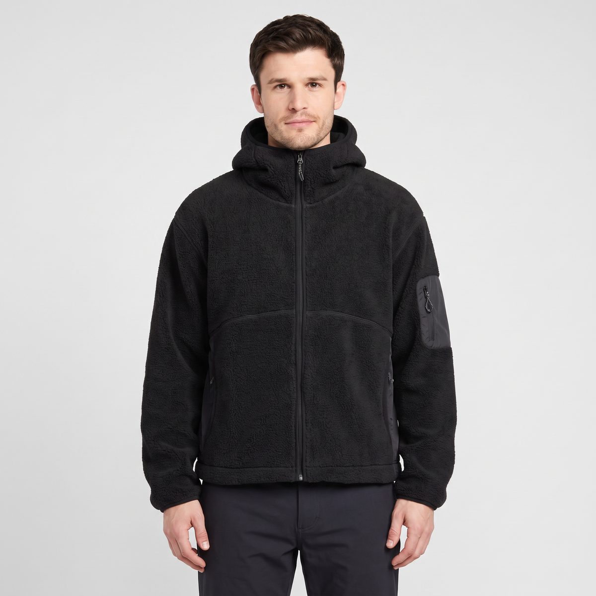 Men's hooded fleece jacket in Black worn front view
