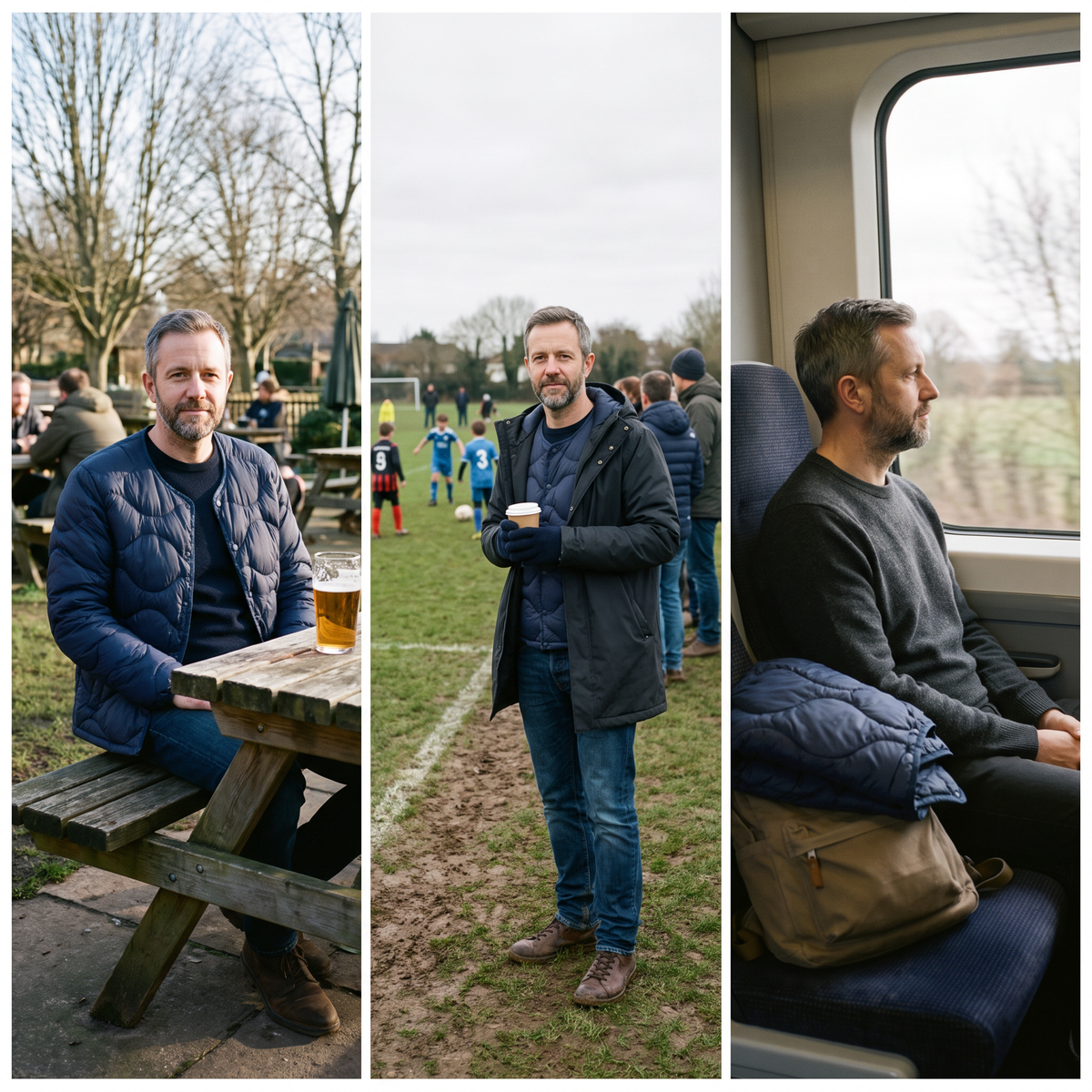 Men's Puffer Jacket worn at the pub, on the touchline and folded on a train seat