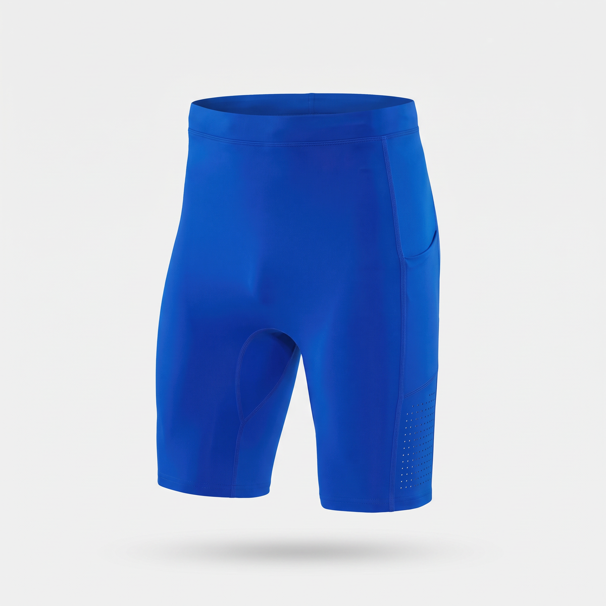 Men's unpadded cycling shorts in Royal Blue, front view showing the outer thigh pocket and perforated thigh venting