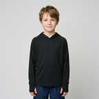 Kids' Sun Hoodie in Black, front view on a child