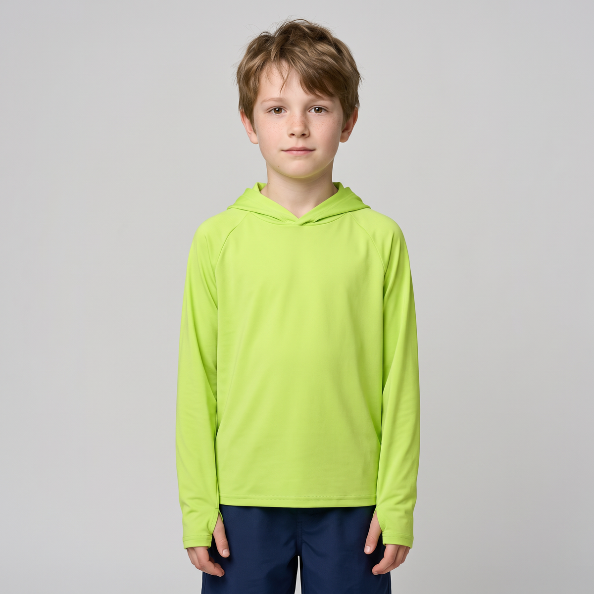 Kids' Sun Hoodie in Lime, front view on a child