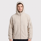 Hood up with the face opening plain and the drawcord at the rear