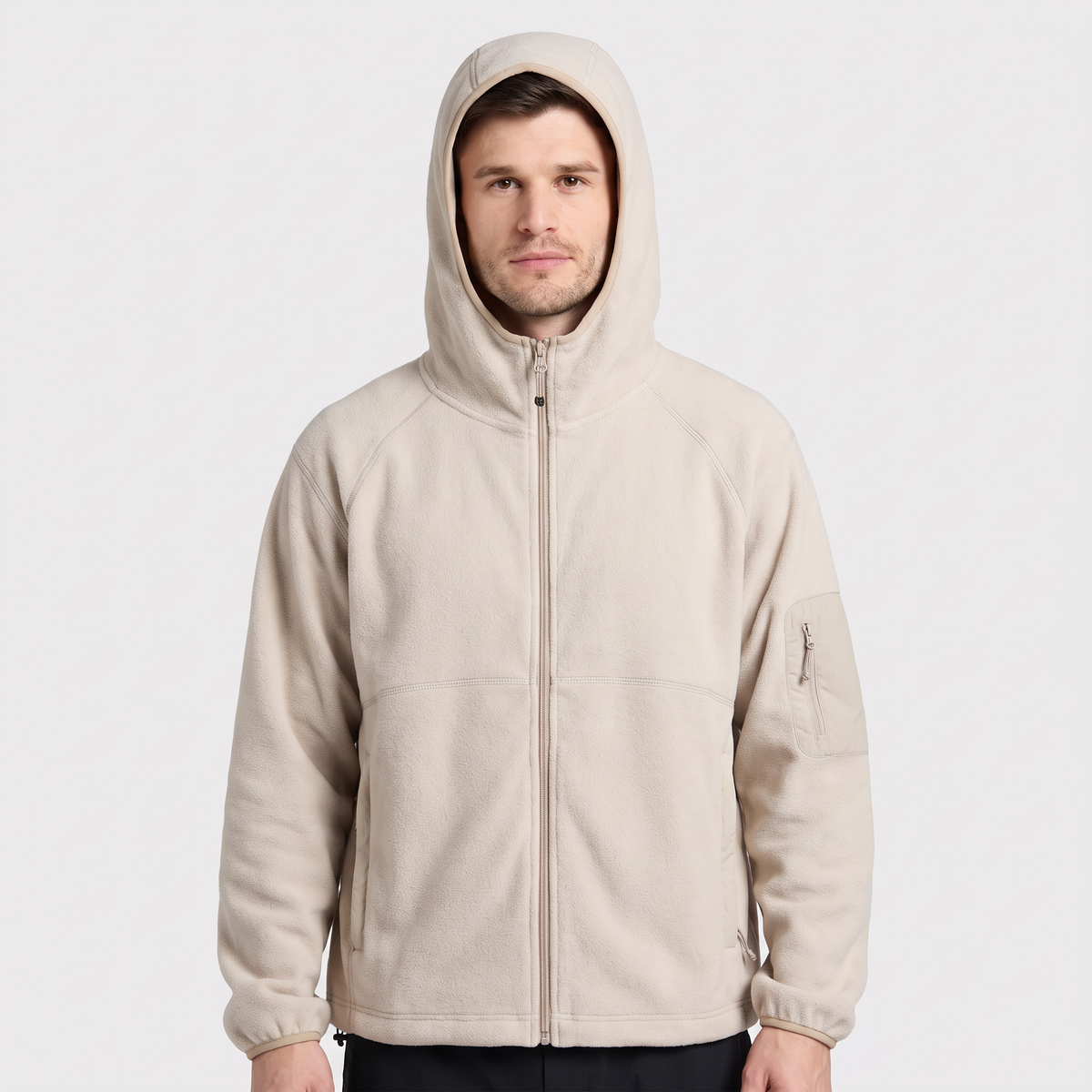 Hood up with the face opening plain and the drawcord at the rear
