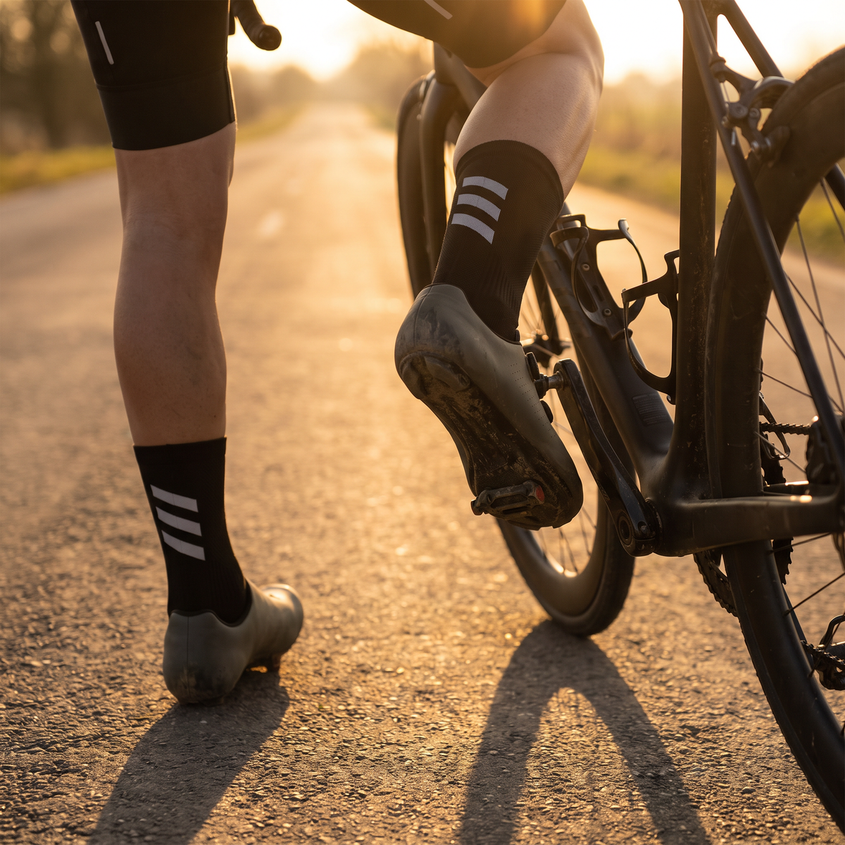Cyclist riding at golden hour wearing the cycling socks