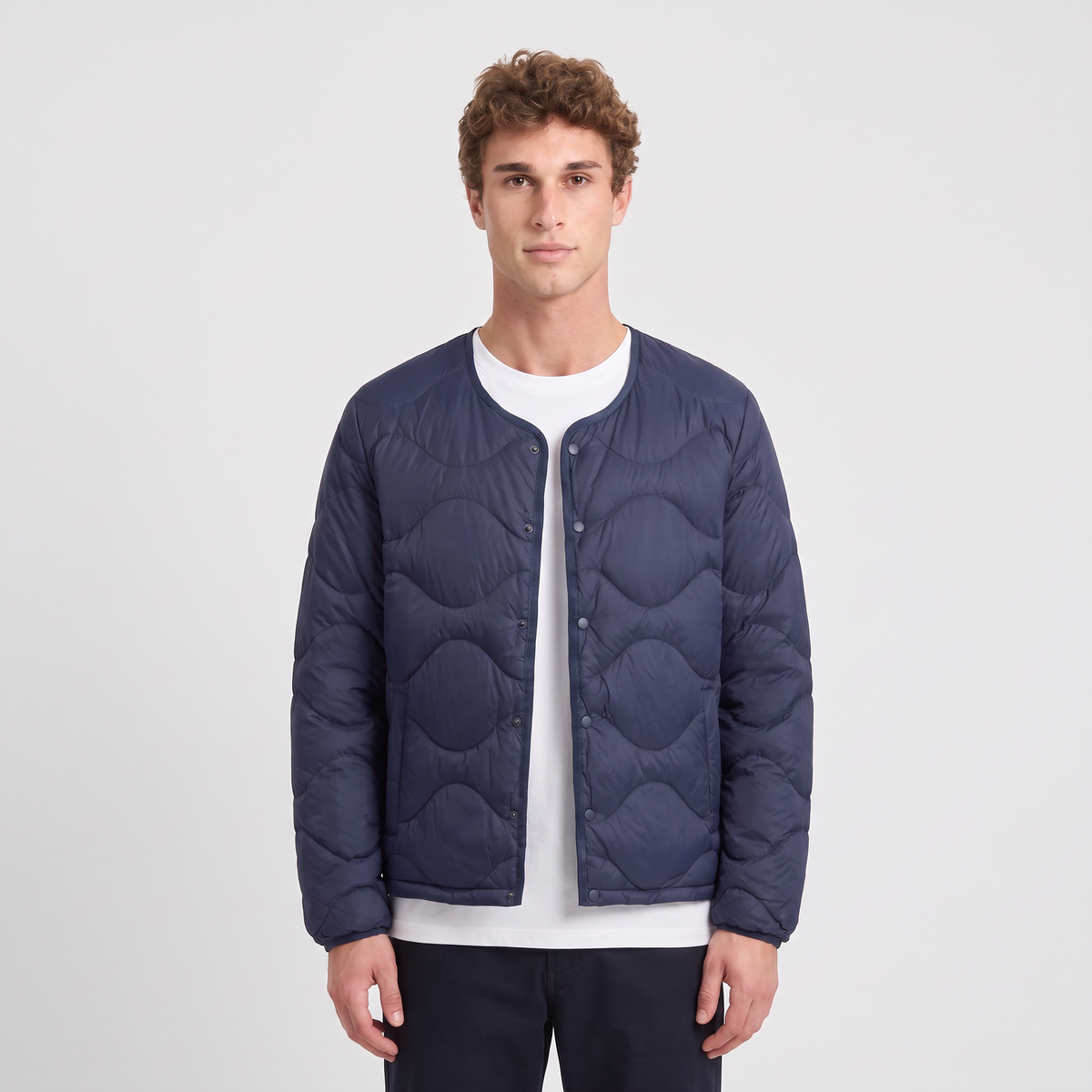 Terrabound Men's Puffer Jacket in Navy, collarless quilted down jacket, worn front view