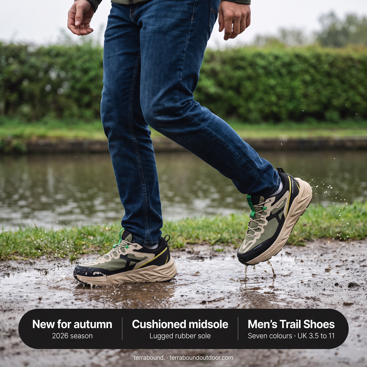 Terrabound Men's Trail Shoes, new for autumn 2026: cushioned midsole, lugged rubber sole, seven colours, UK 3.5 to 11