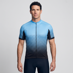 Men's cycling jersey in peacock blue, front view worn