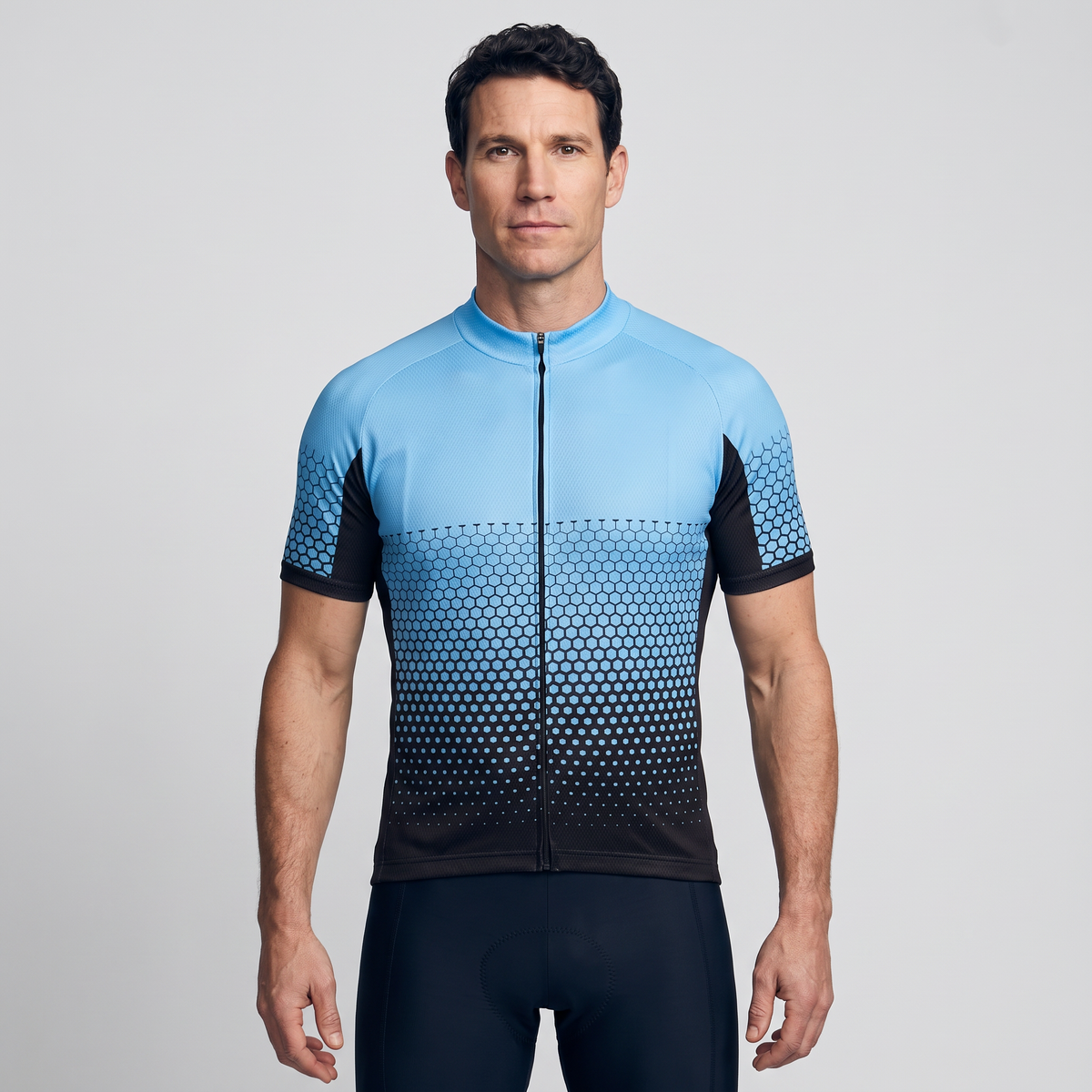 Men's cycling jersey in peacock blue, front view worn