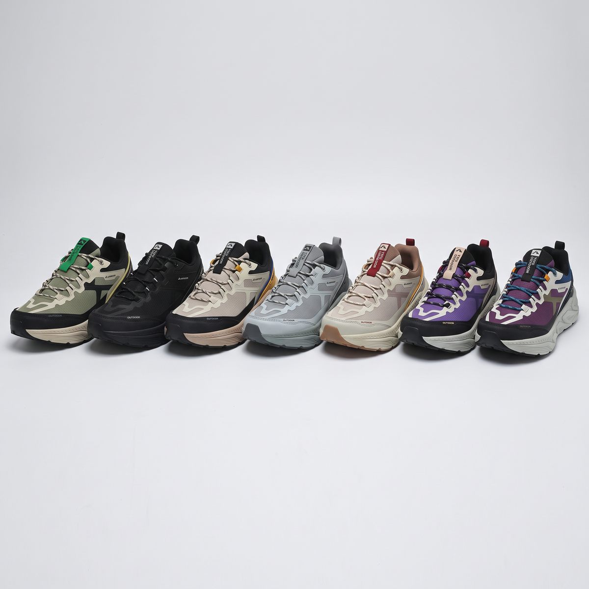 Terrabound Men's Trail Shoes in all seven colours: Olive, Black, Tan, Grey, Beige, Plum and Purple