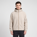 Men's hooded fleece jacket in Sand worn front view, hood down behind the chimney collar