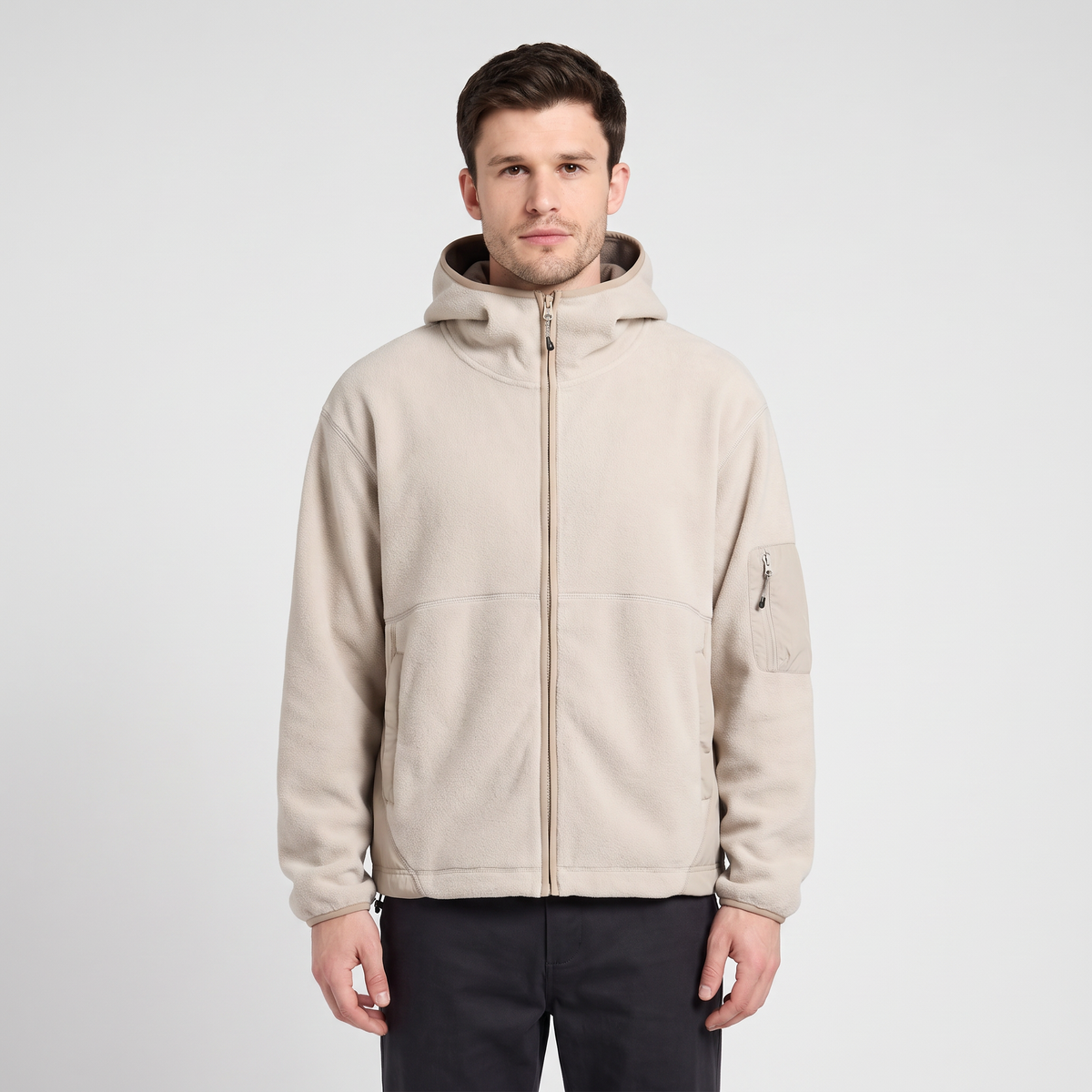 Men's hooded fleece jacket in Sand worn front view, hood down behind the chimney collar