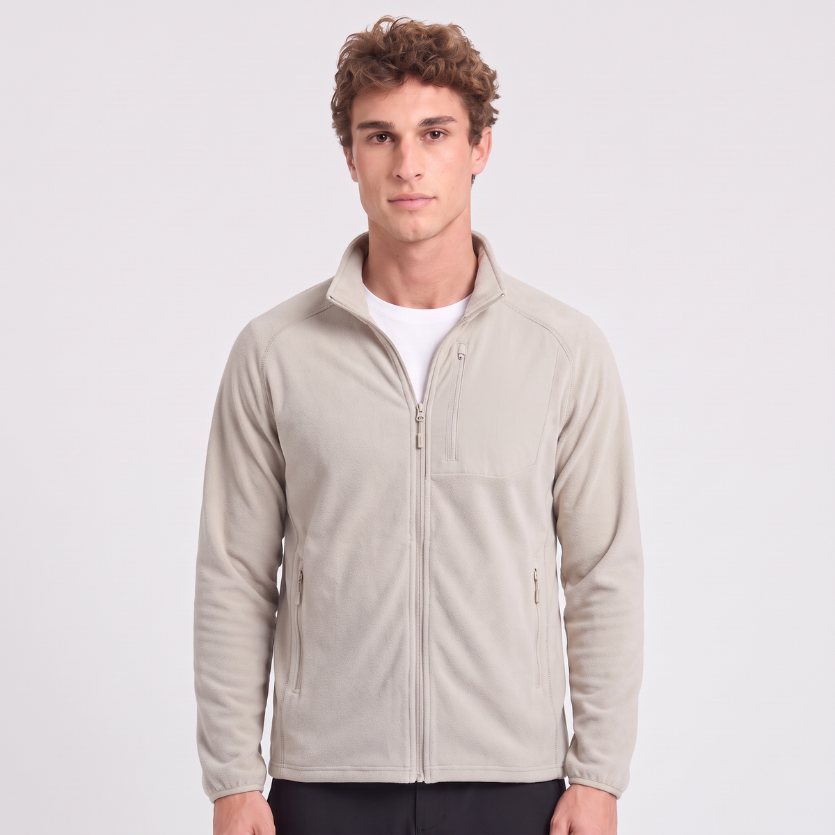 Terrabound Men's Fleece Jacket in Stone, worn front view