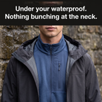 Terrabound Men's Fleece Jacket worn under an open waterproof shell, stand collar sitting flat with nothing bunching at the neck