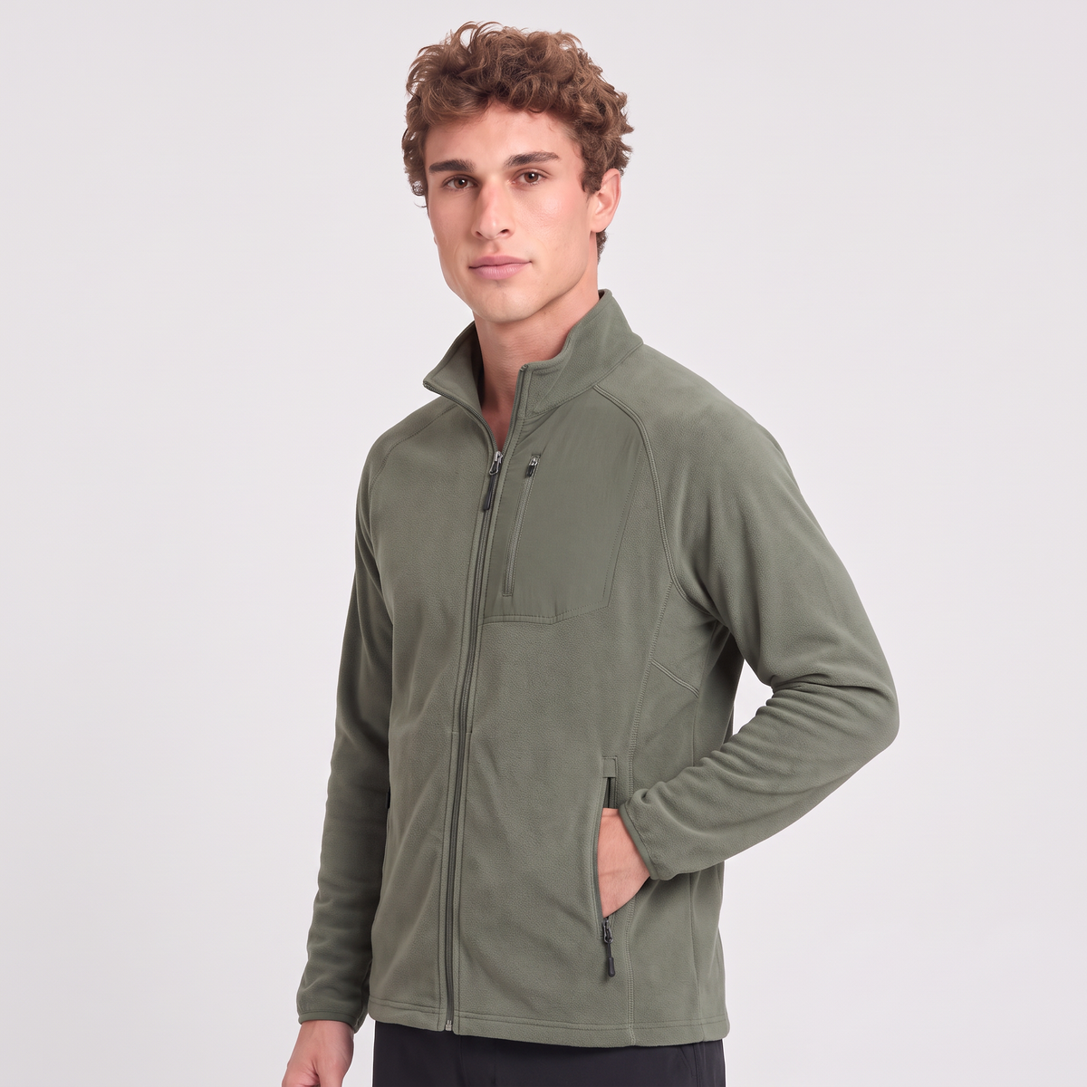 Terrabound Men's Fleece Jacket in Army Green, three-quarter view