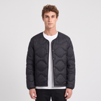 Terrabound Men's Puffer Jacket in Black, collarless quilted down jacket, worn front view