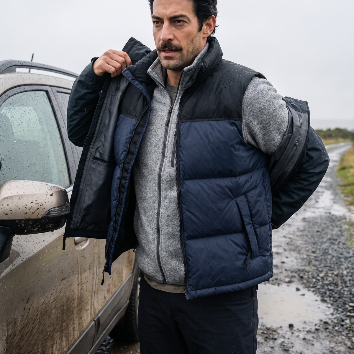The down gilet worn over a fleece with a waterproof shell going on over the top