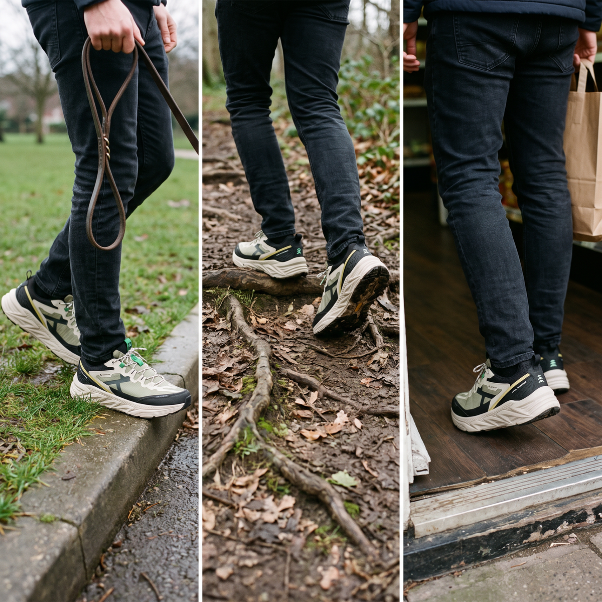 Terrabound Men's Trail Shoes worn on a park kerb, a woodland track and in a shop doorway