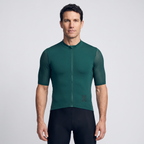 Man wearing the Dark Green cycling jersey, front