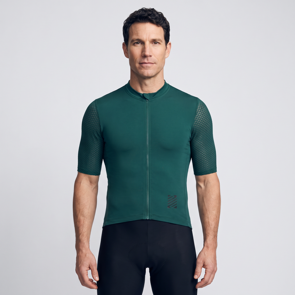 Man wearing the Dark Green cycling jersey, front