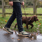 Man walking a spaniel on a wet park path wearing Terrabound Men's Trail Shoes in Olive