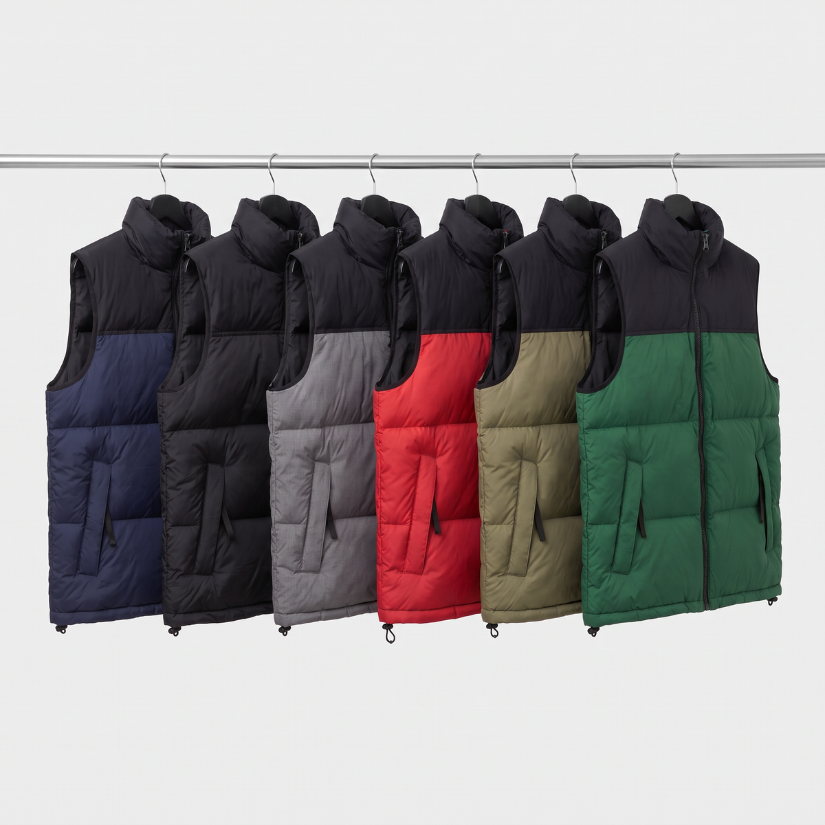 All six colourways of the men's colour block puffer body warmer on a rail