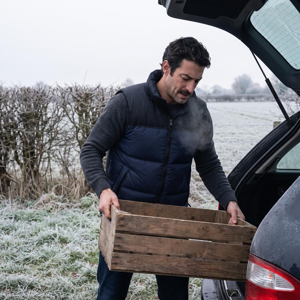 Man in the Navy down gilet lifting a crate into a car boot on a frosted verge