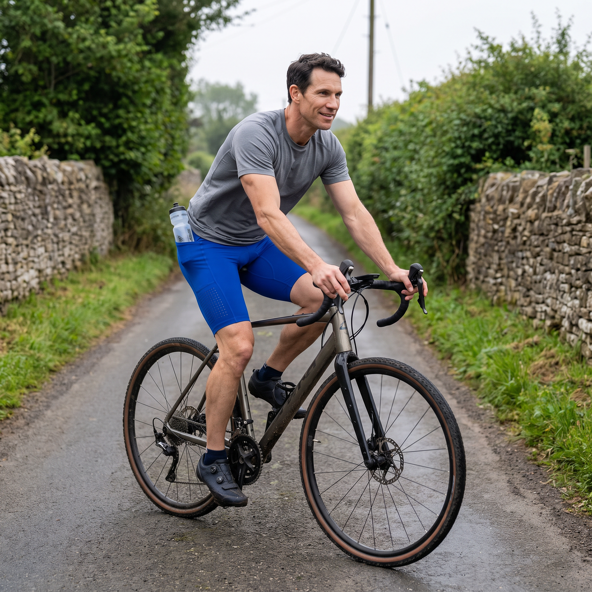 Cyclist riding a gravel bike on a UK country lane wearing the Royal Blue cycling shorts with a water bottle in the lower back pocket