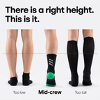 Sock height guide comparing too low, mid-crew and too tall, viewed from behind