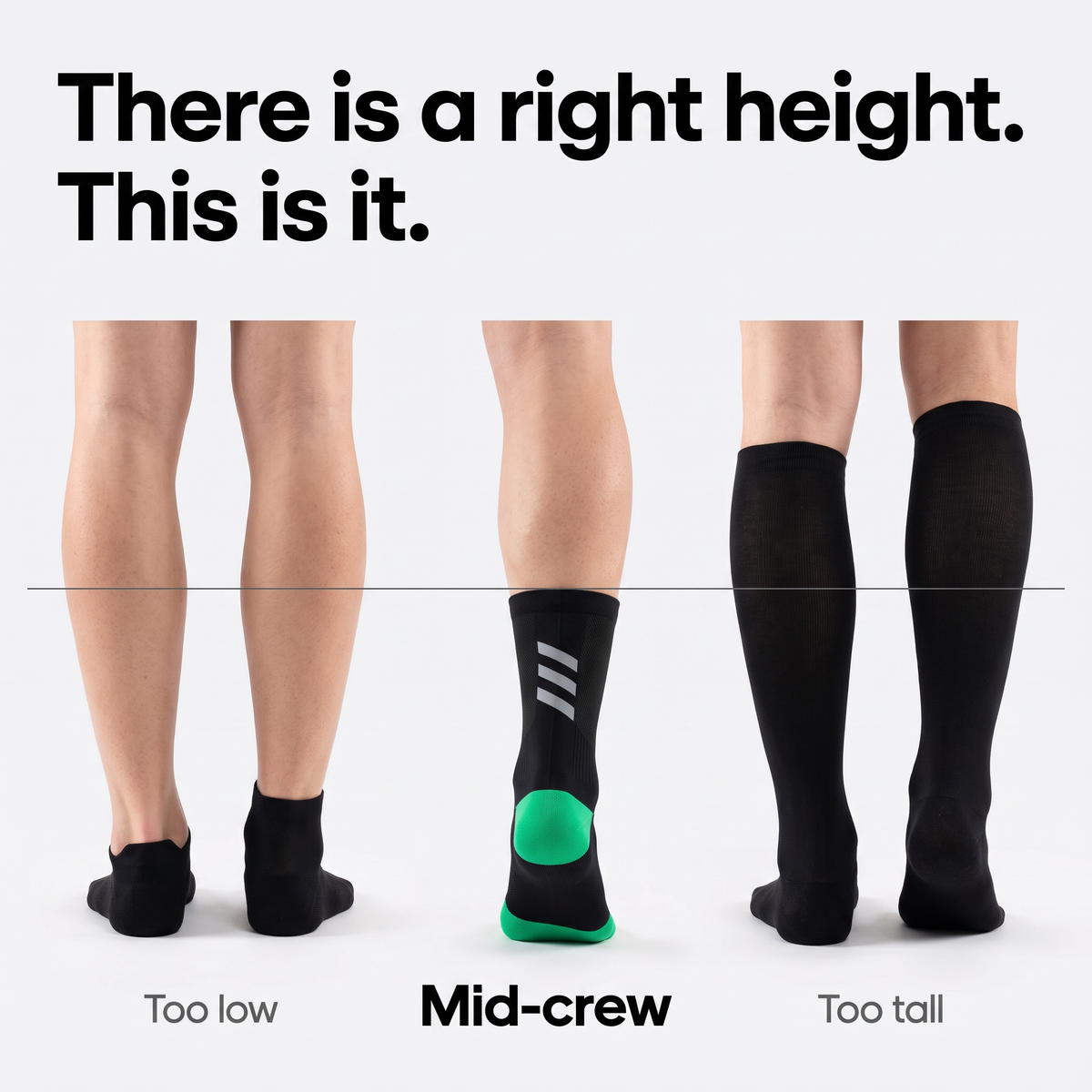 Sock height guide comparing too low, mid-crew and too tall, viewed from behind
