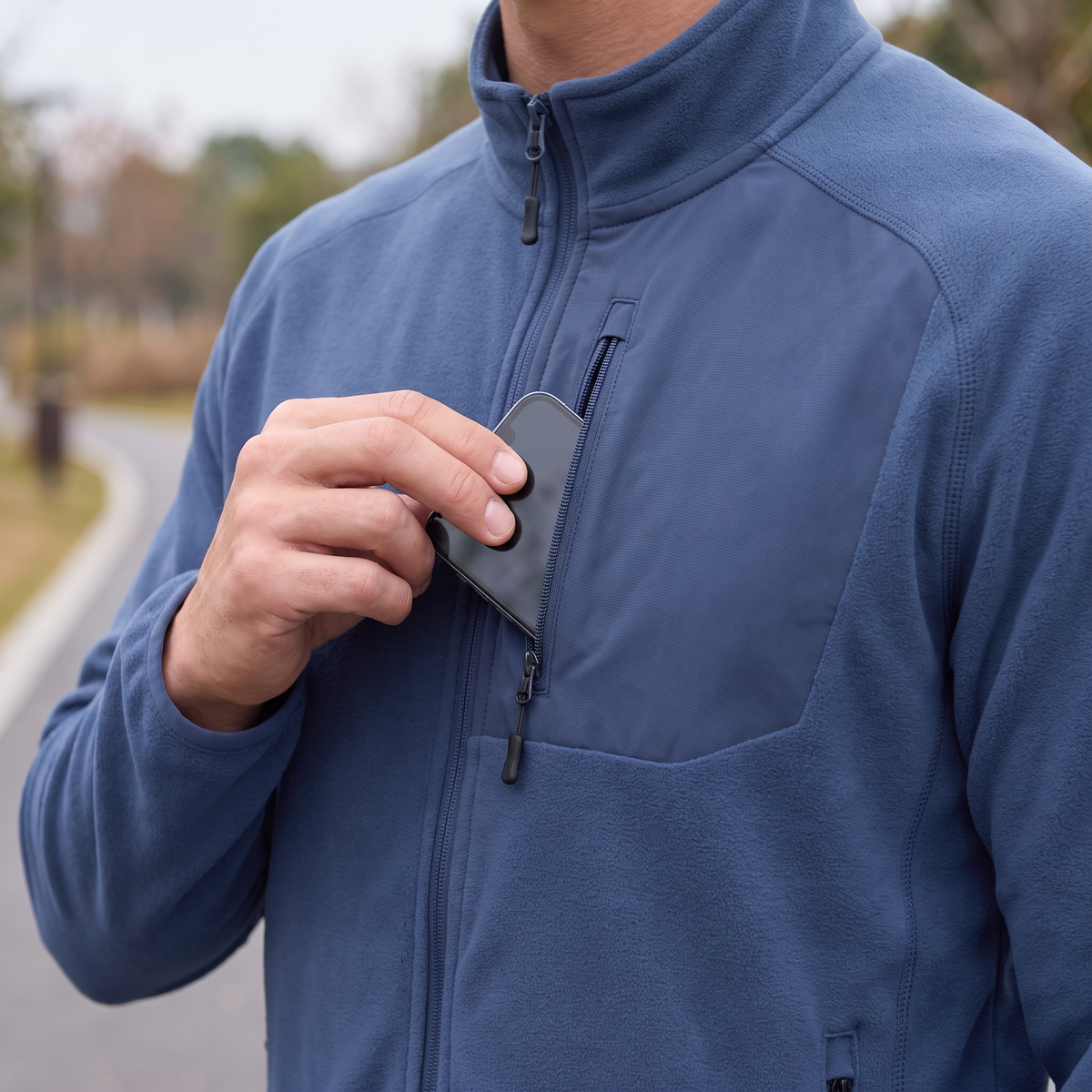 Close-up of a phone going into the zipped chest pocket of the Terrabound Men's Fleece Jacket