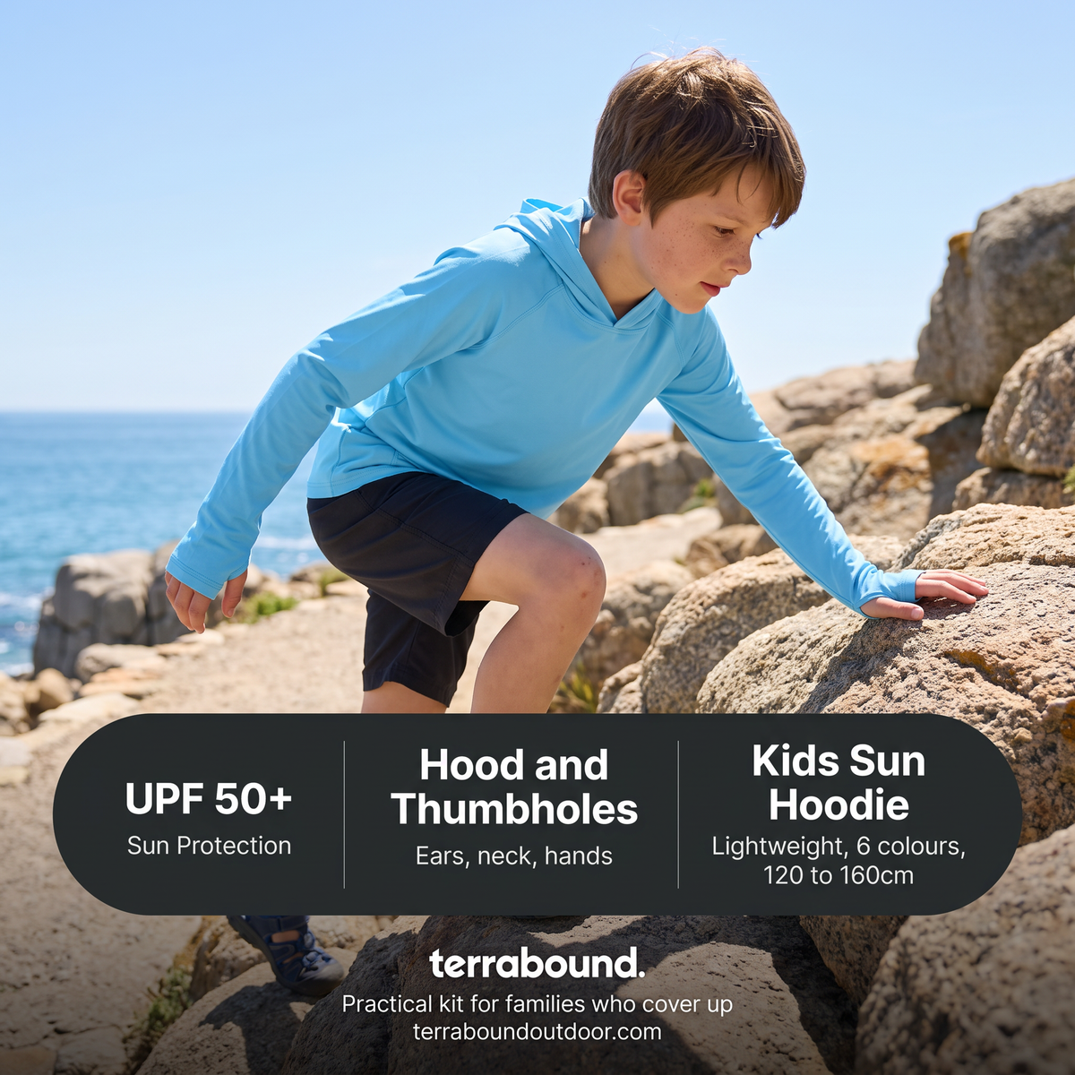 Kids' Sun Hoodie on a coastal path: UPF 50+, hood and thumbholes, 6 colours