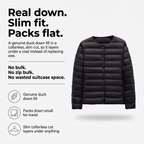 Real down, slim fit, packs flat: infographic