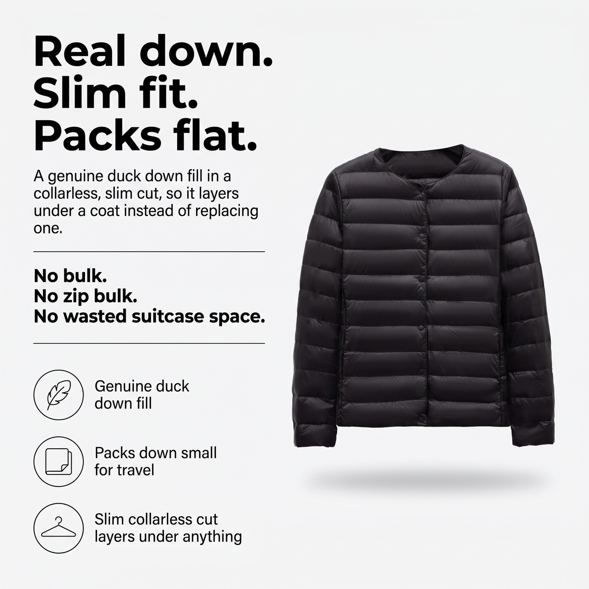 Real down, slim fit, packs flat: infographic