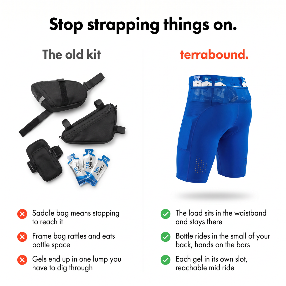 Comparison of a saddle bag, frame bag and armband against the five-pocket cycling shorts