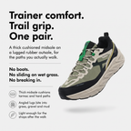 Trainer comfort, trail grip, one pair: thick cushioned midsole on a lugged rubber outsole, Terrabound Men's Trail Shoes infographic